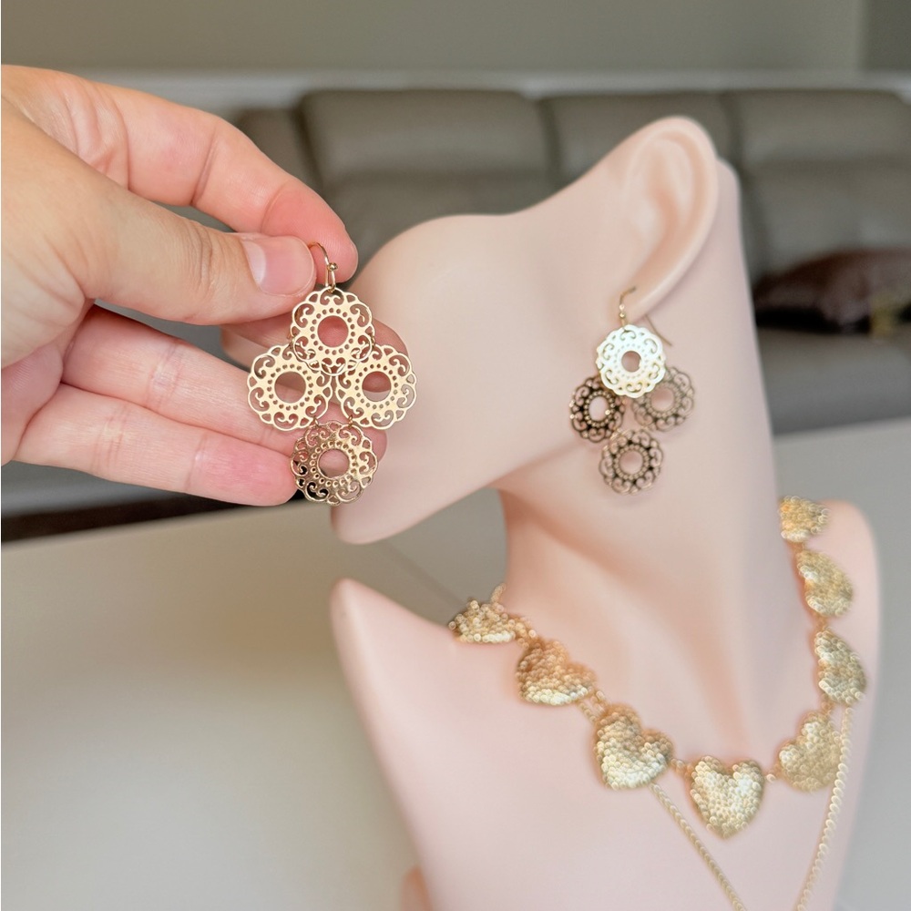 Gold Filigree Drop Earrings - Picture 5 of 13
